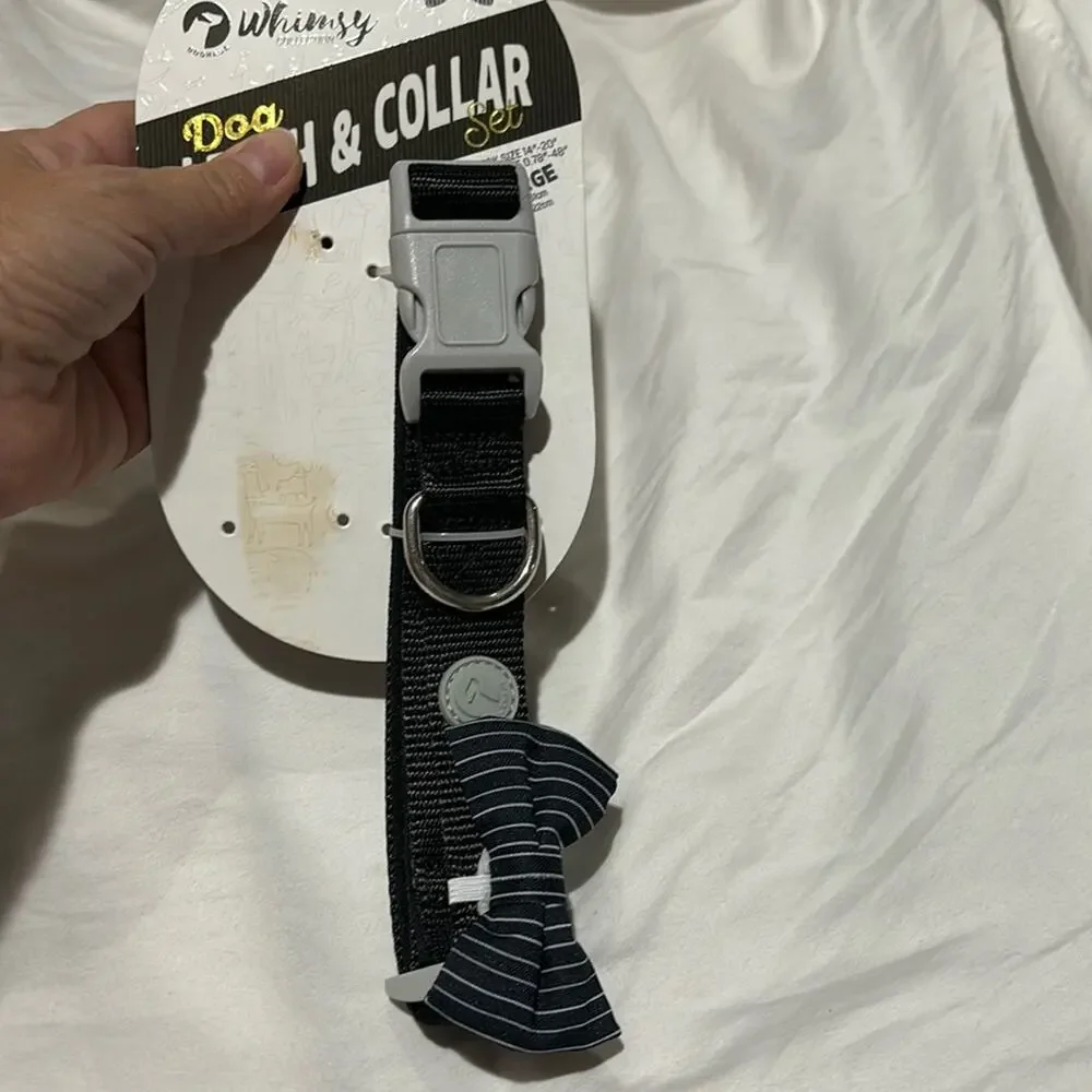Whimsy Collection L dog collar black grey bow tie nwt adjustable 14-20”